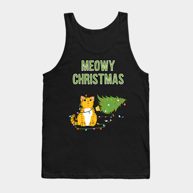 Meowy Christmas Tabby Cat Knocked Over Xmas Tree Tank Top by xenotransplant